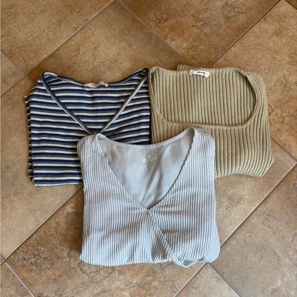 Hollister Tops - 3 Ribbed Long Sleeve Tops - Blue Stripe, Light Blue, Olive